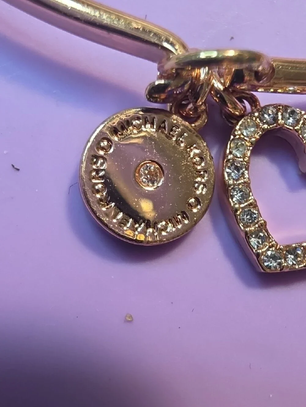 Michael Kors Gold-Tone Crystal Heart & Logo Charm Bangle